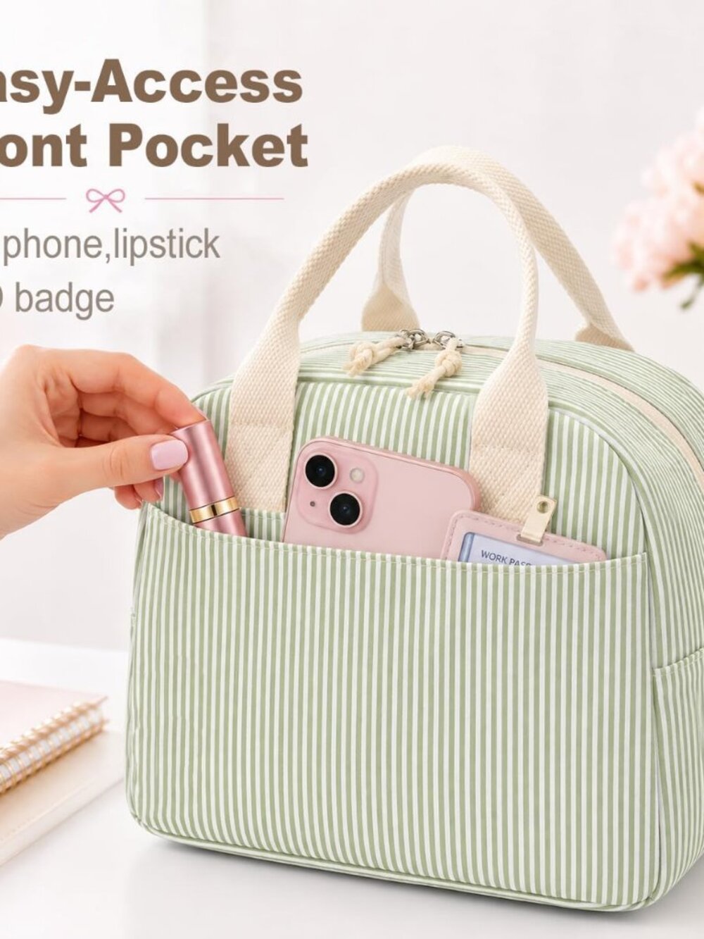 LOVELYWIND Lunch Box for Women,Insulated Lunch Bag,Green Stripe14-Can(9L) - Picture 5 of 9
